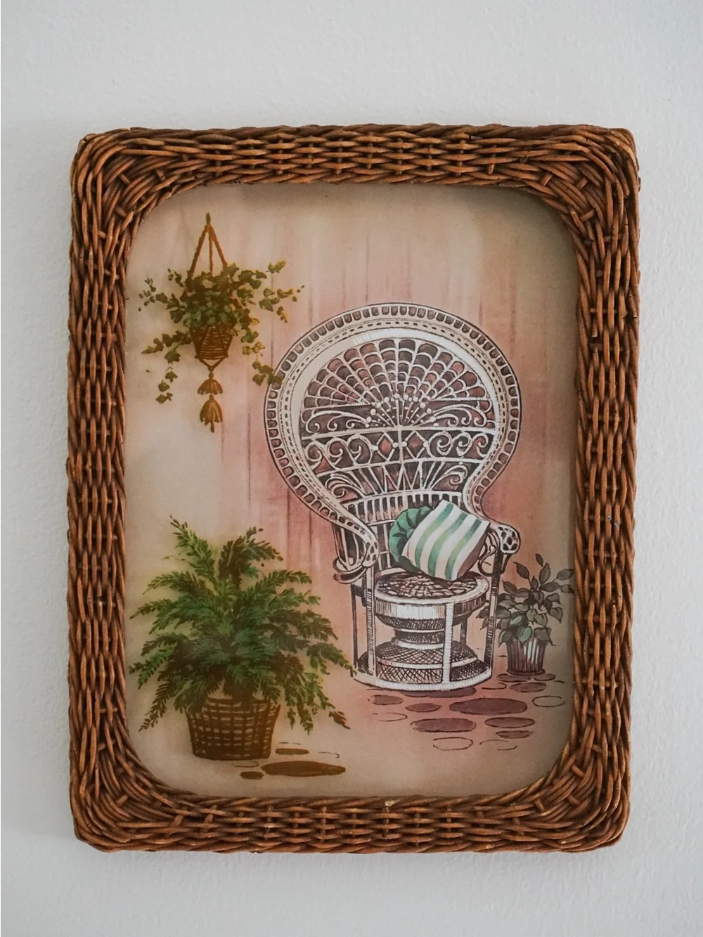 Vintage 70s Reverse Painted Peacock Chair Print • Boho Frame